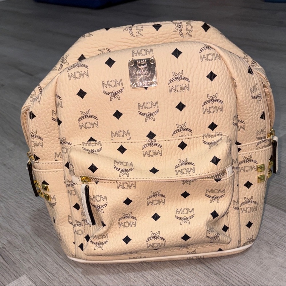 MCM Cream Backpack with Logo and Gold Details